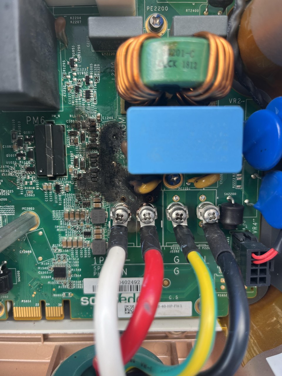 Heat damage found inside a SolarEdge inverter board